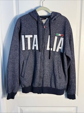 Italia Zip-Front Hooded Sweater - Navy Pockets Size XL
